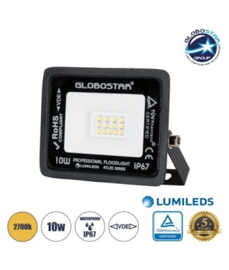 GLOBOSTAR® ATLAS 61517 Προβολέας LED 10W 1150lm 120° AC 220-240V Αδιάβροχο IP67 Θερμό Λευκό 2700K - Lumileds SMD Chip - TÜV Rheinland Certified - Μαύρο Ματ - Μ10 x Π2 x Υ8cm - 5 Χρόνια Εγγύηση